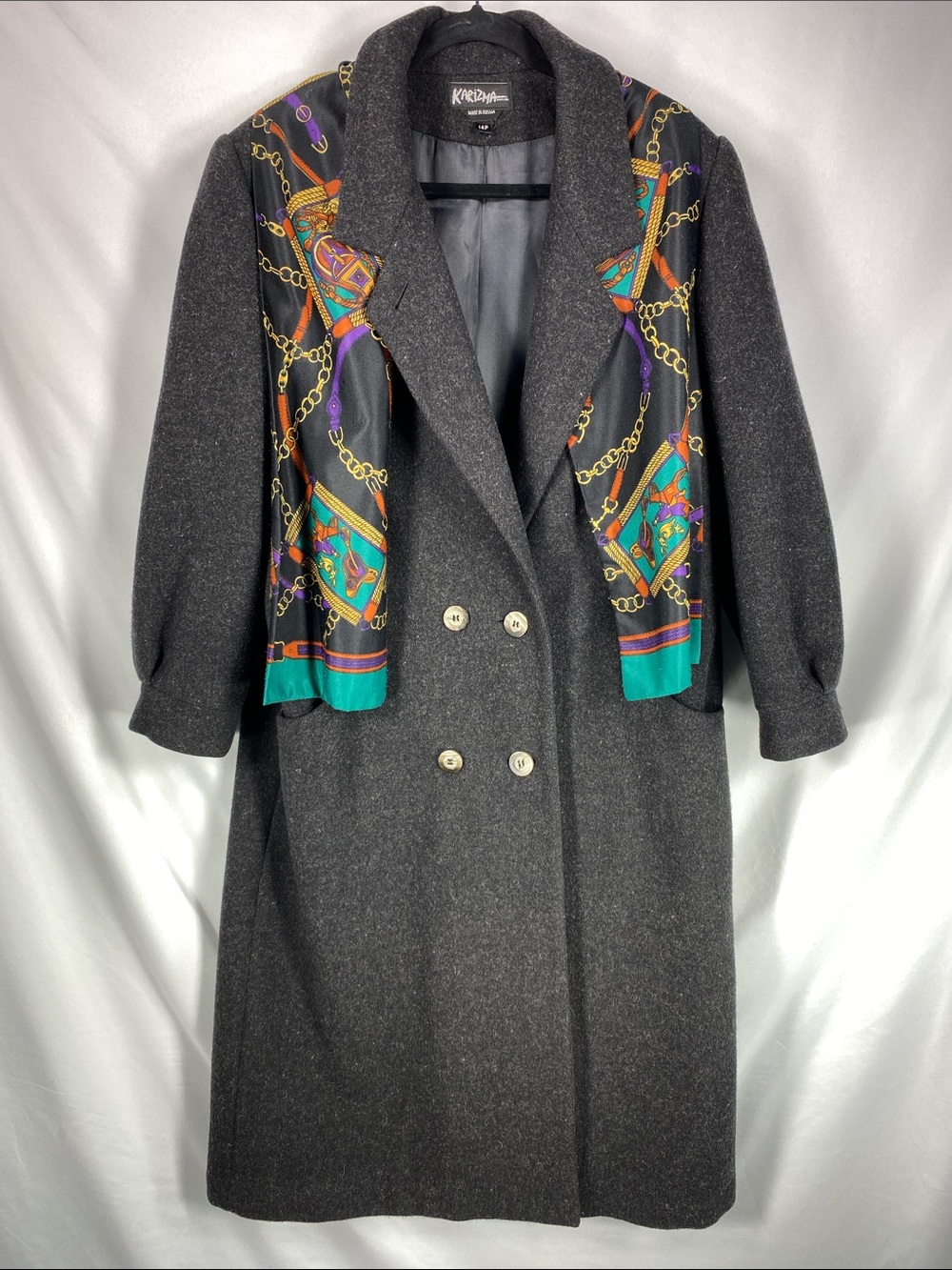 Vintage Karizma Russia Long Wool Coat Equestrian Scarf Trim Gray 14P